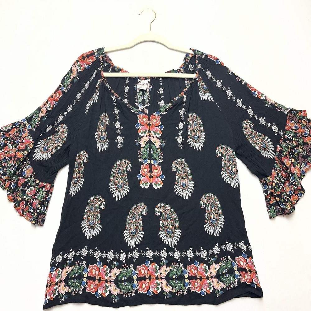 Bila Vneck Top Women's Large Boho Floral Ruffle Sleeve Hippy Spring